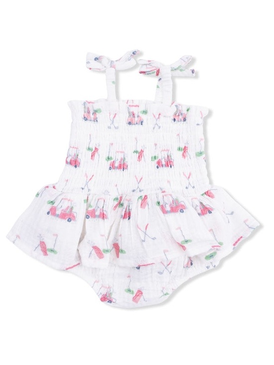 Angel Dear Other - Muslin pink baby golf carts smocked bubble with skirt